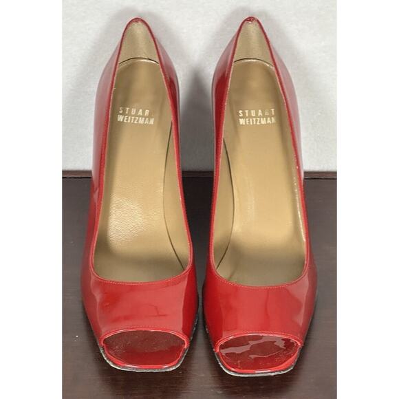 Stuart Weitzman Red Patent Leather Open Toe Heels Sz 9.5 - Picture 1 of 8